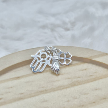 Pulseira de prata 925 patuá com olho grego, mão de fátima e mini trevo - Imagem 4