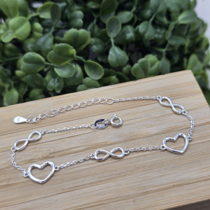 Pulseira de prata 925 com pingente coração e infinito vazado com extensor - Imagem 3