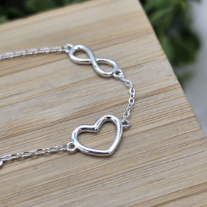 Pulseira de prata 925 com pingente coração e infinito vazado com extensor - Imagem 5