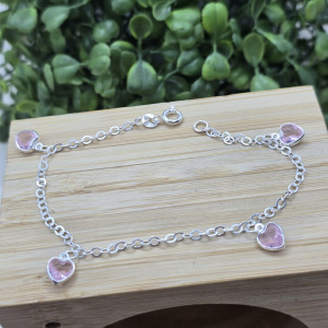 Pulseira de prata 925 com pingente pendurado 4 corações com zircônias - Imagem 3