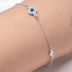 Pulseira de prata 925 elo v12 com pingentes pontos de luz e olho grego De Prata - Imagem 4