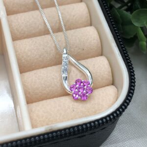 Corrente de prata 925 com pingente flor com zirconia rosa