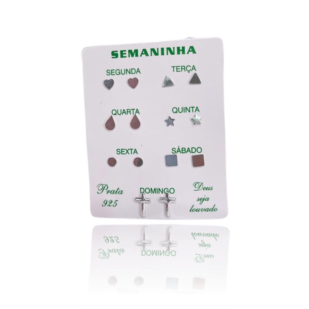 Kit com 7 Brincos Para Cada Dia da Semana em Placa de Prata 925