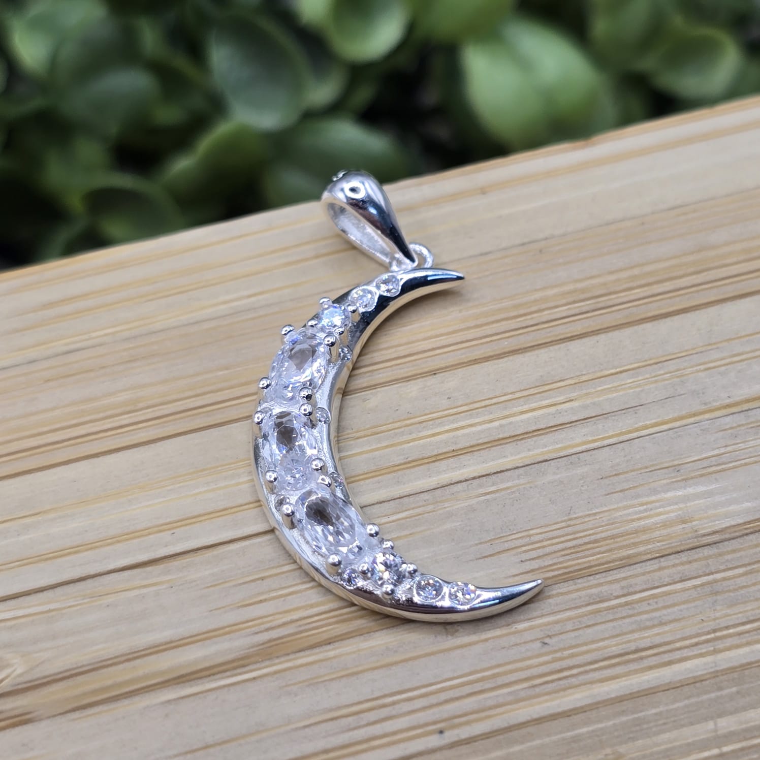 Pingente de prata 925 lua crescente com zirconias cristal