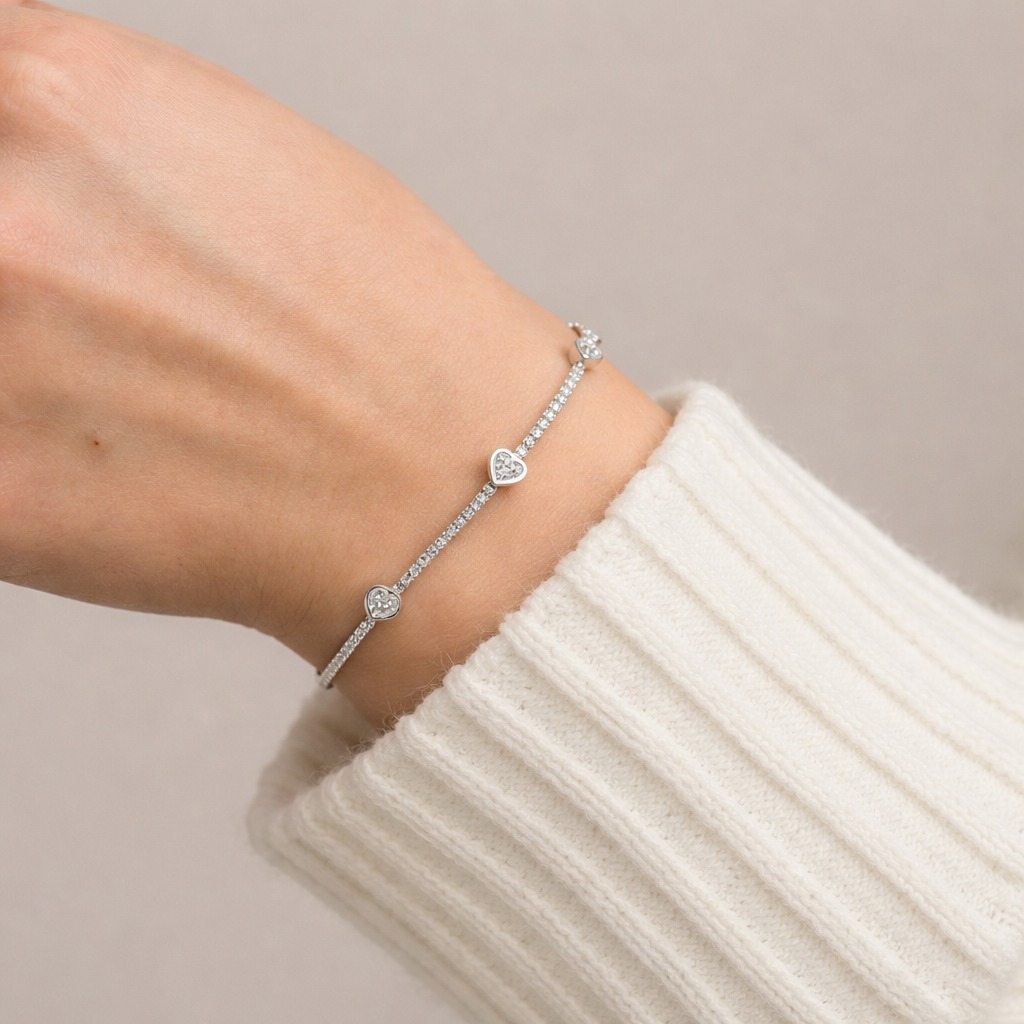 Pulseira de prata 925 riviera cristal com 3 mini corações zircônia