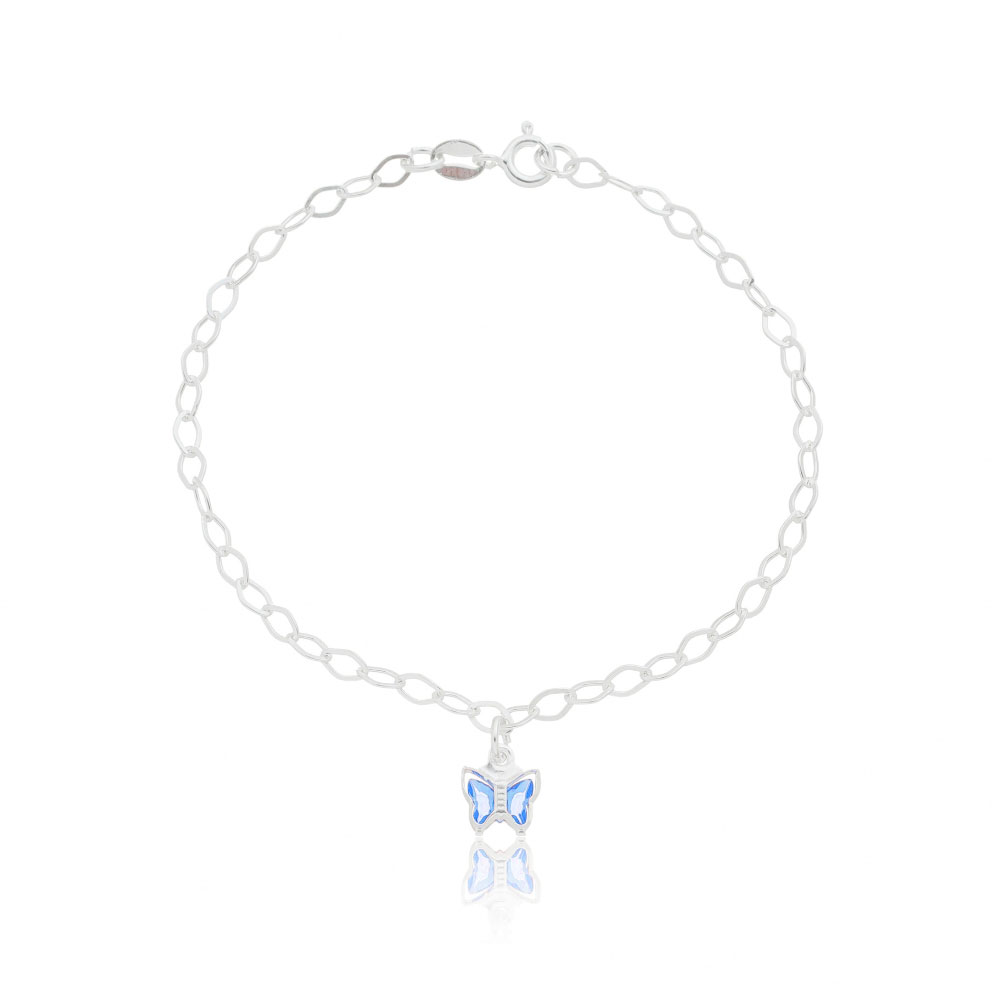 Pulseira Feminina 18cm Elo Oval 1 Pingente Borboleta Zircônia em Prata 925