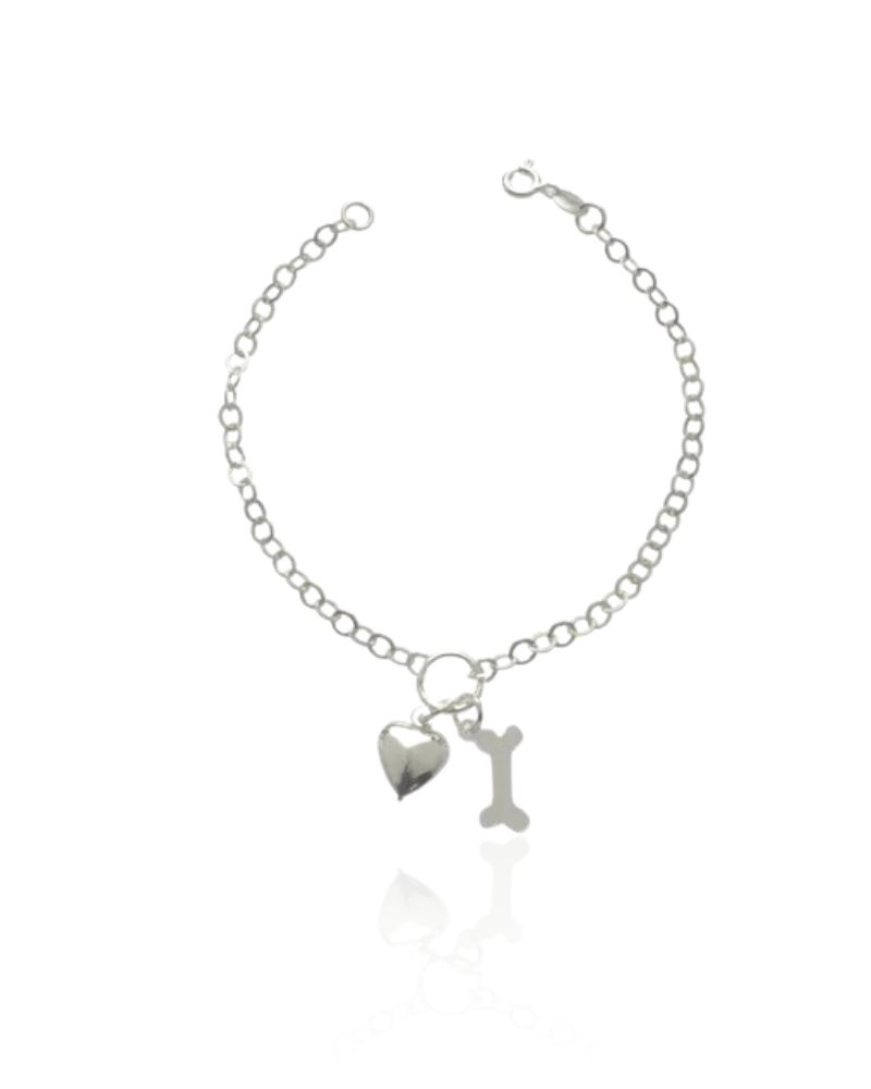 Pulseira feminina 18cm elo oval pingente de osso e coração